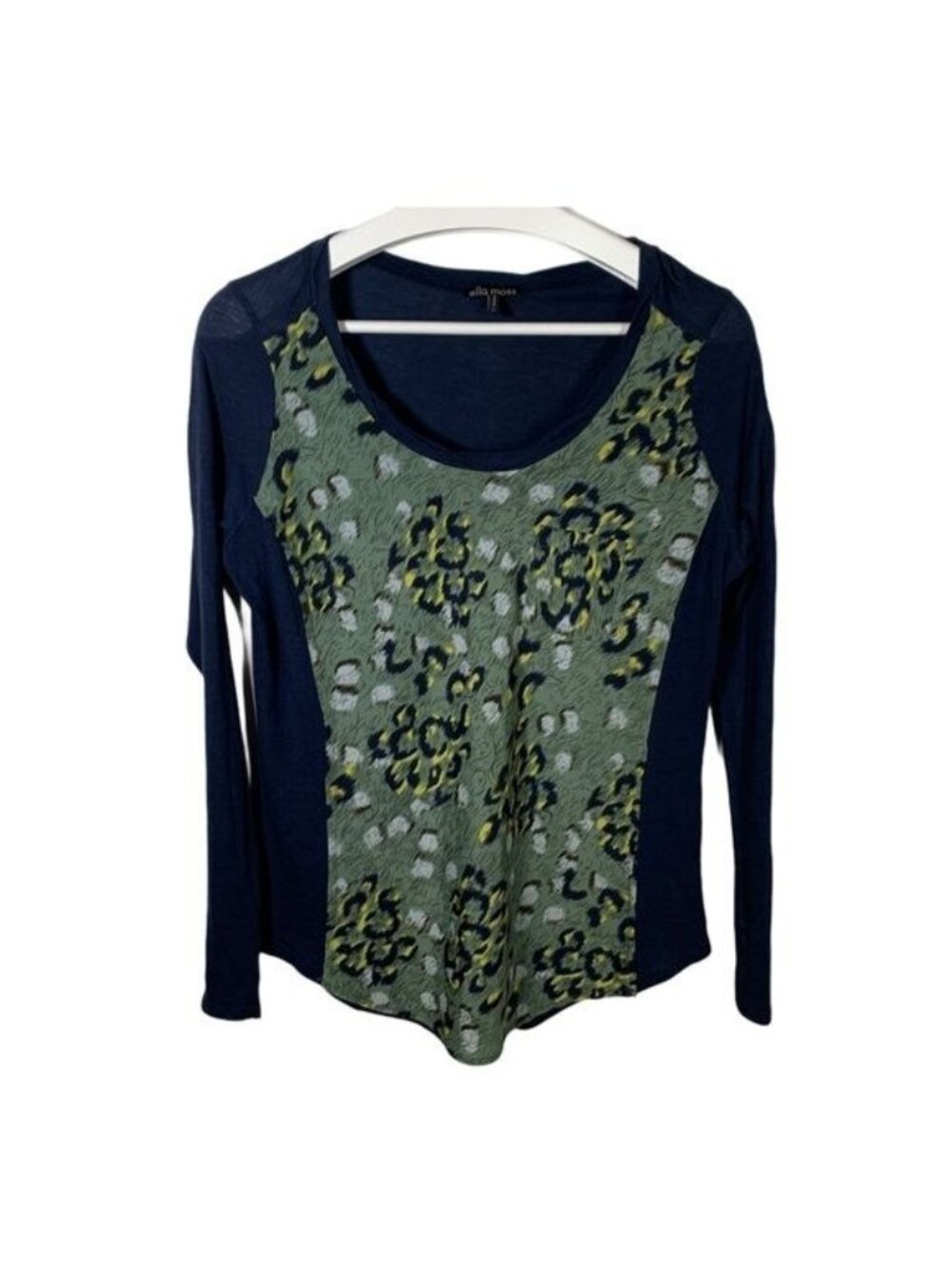 Ella Moss Top Womens XS Navy Blue Green Leopard Print Made In USA